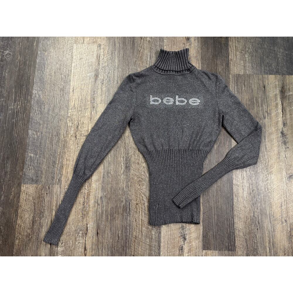 Bebe Metallic Silver Rhinestone Logo Turtleneck Ribbed Knit Sweater Women Medium